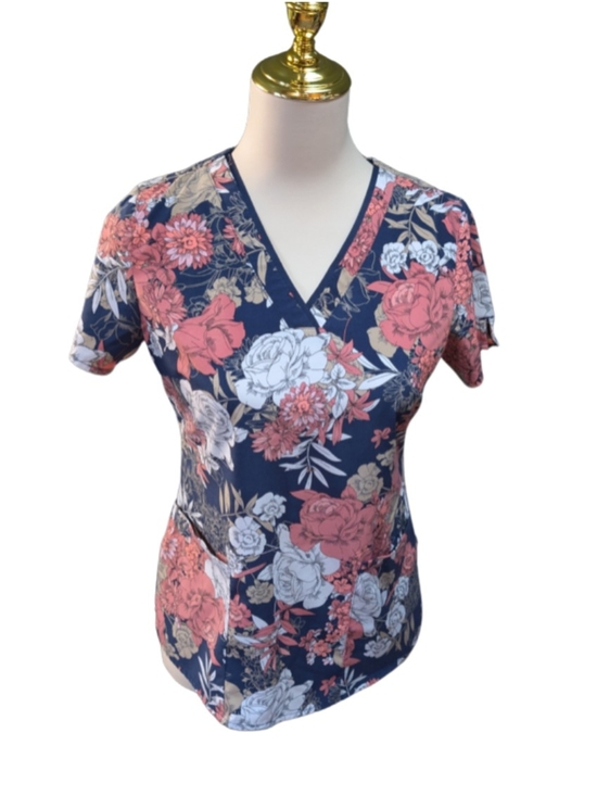 healing hands Tops - healing hands Navy Floral V‑Neck Top with Coral & White Blooms